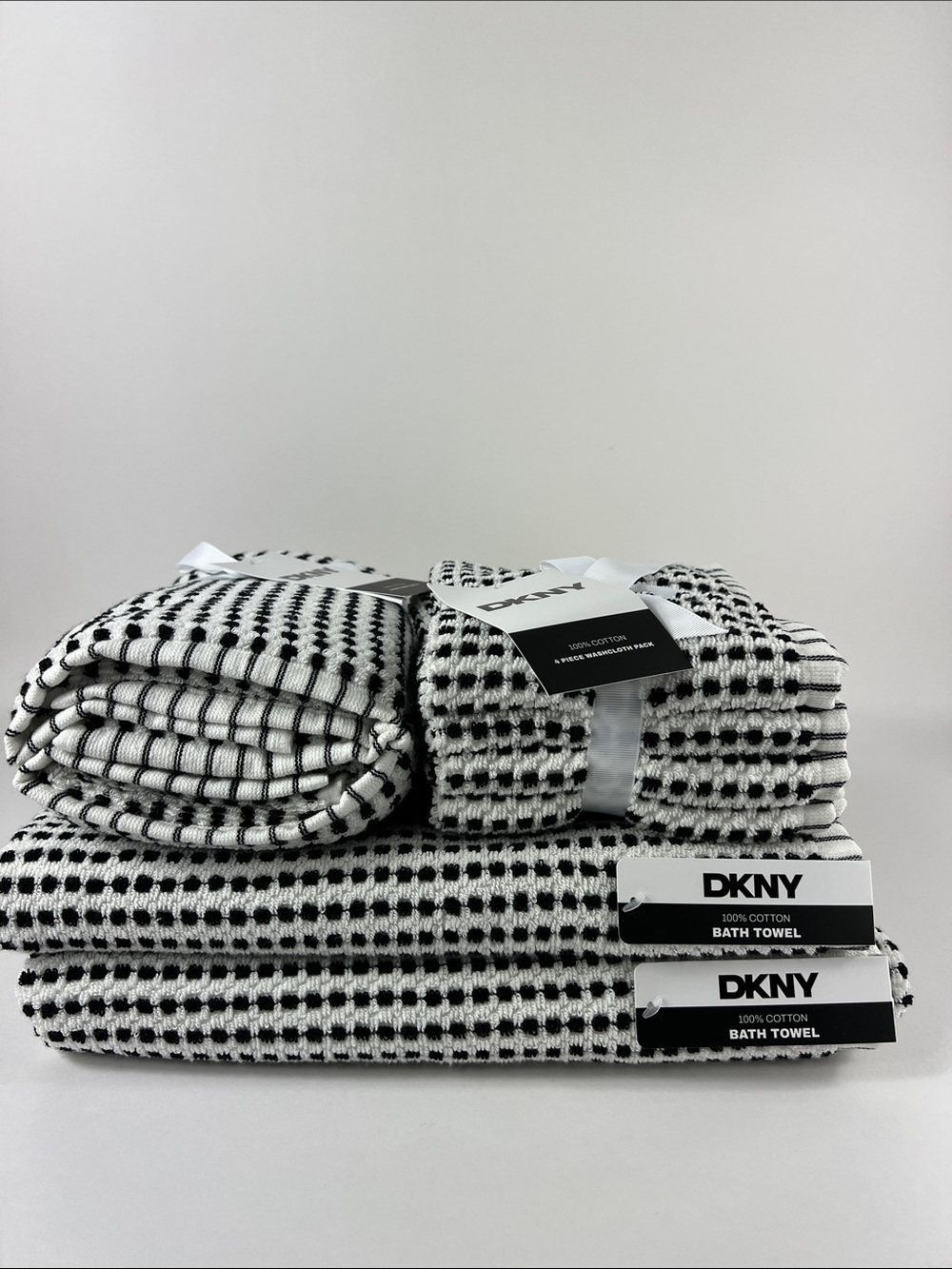 DKNY Bath Towel Set Black White Textured Dot 100% Cotton Super Soft 8 Pc NEW